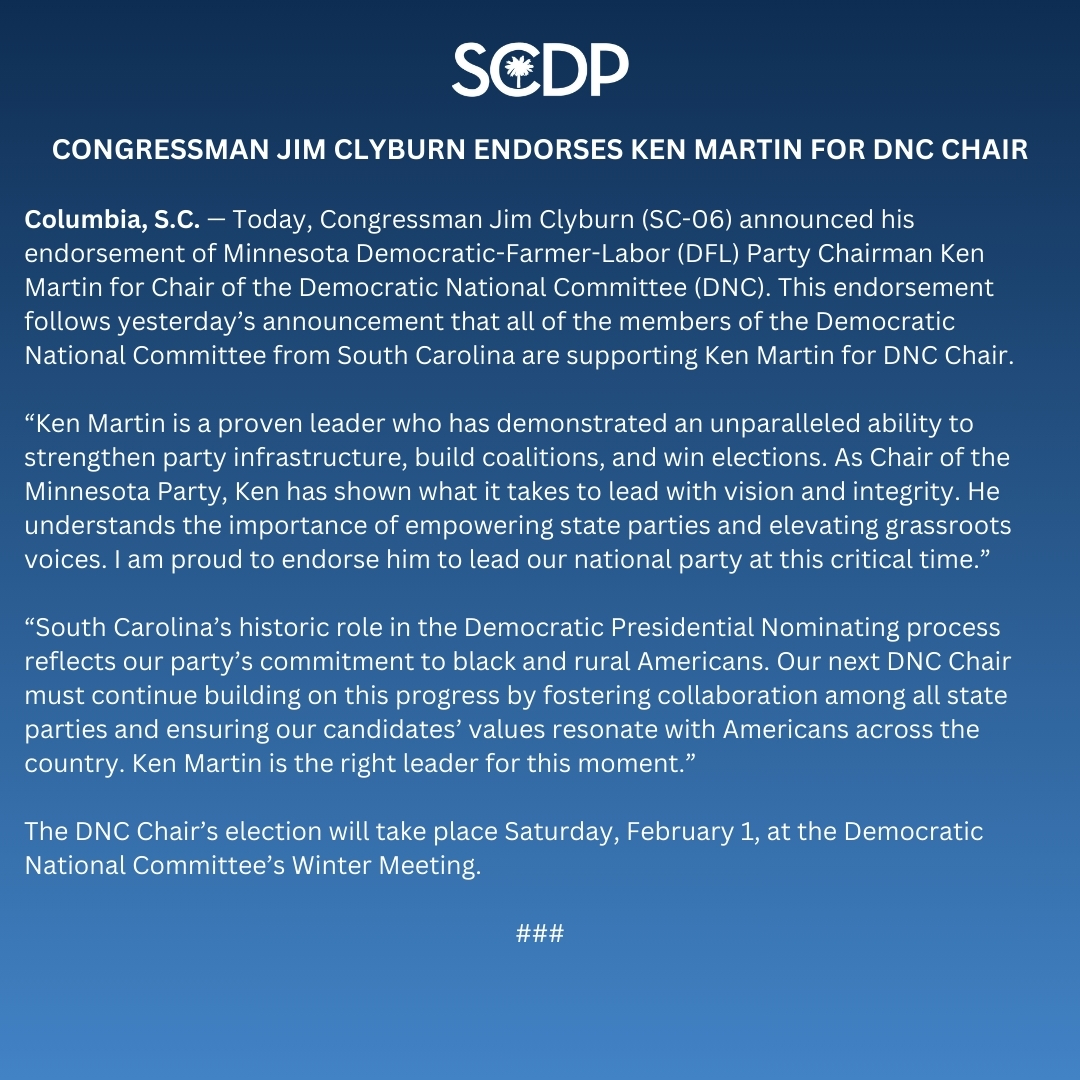 scdp's tweet photo. Congressman Jim Clyburn Endorses Ken Martin for DNC Chair https://t.co/sDR1Eb8yCq