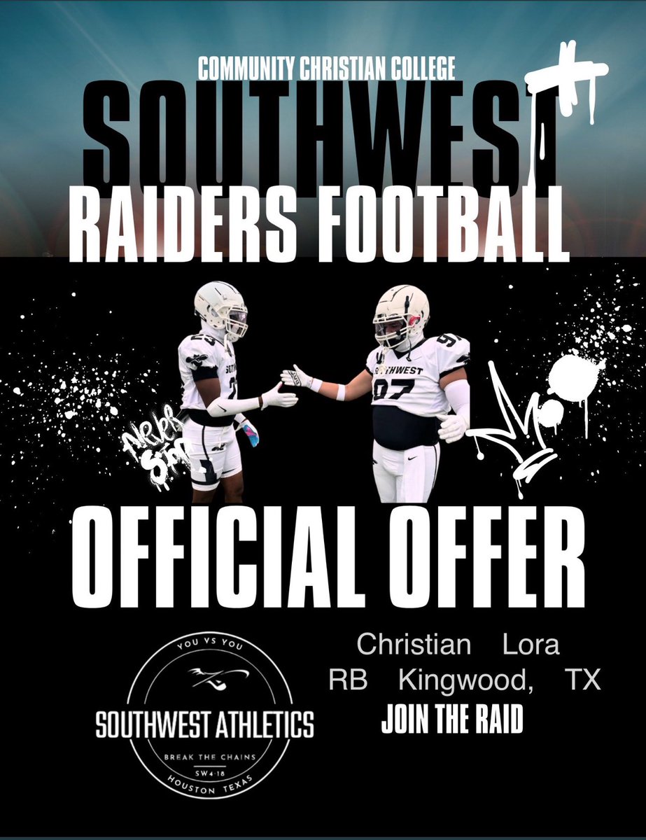 Christian Lora (@chrislora_3) on Twitter photo #AGTG After a great conversation with <a href="/CoachKProvi/">Kyle Providence</a> I am excited to announce I got an official offer from southwestern raiders football!! <a href="/scottelliott67/">Scott Elliott</a> <a href="/MoneyBaggWo_/">Sewo Olonilua</a> <a href="/KPark_Football/">PARK FOOTBALL</a> #AGTG After a great conversation with <a href="/CoachKProvi/">Kyle Providence</a> I am excited to announce I got an official offer from southwestern raiders football!! <a href="/scottelliott67/">Scott Elliott</a> <a href="/MoneyBaggWo_/">Sewo Olonilua</a> <a href="/KPark_Football/">PARK FOOTBALL</a>