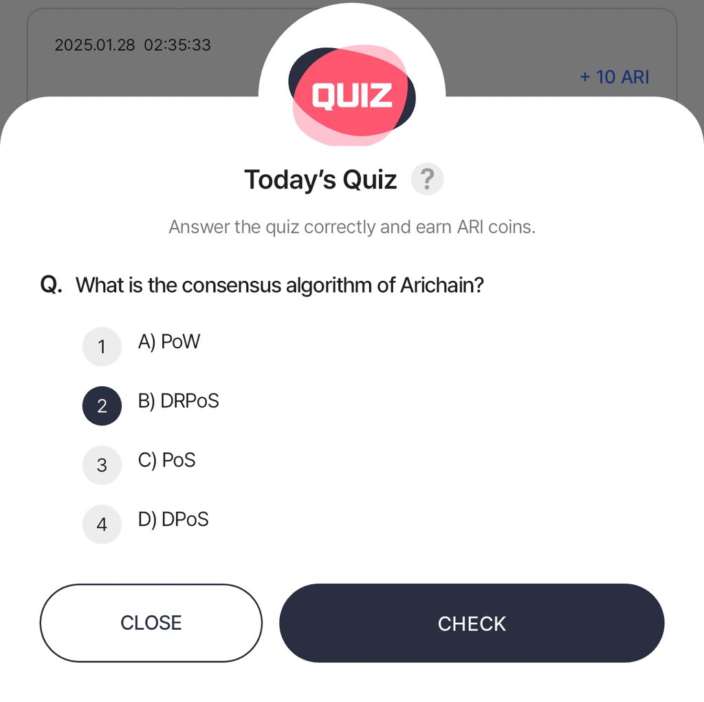 ✍️Arichain Daily Quiz - Jan. 28th

- Answer: B) DRPoS

If you're not on Arichain yet, follow this guide👇🏼

- Download Ari wallet on iPhone: apps.apple.com/ng/app/ari-wal…

- Download Ari wallet on Android: play.google.com/store/apps/det…

- Sign up with your email address. If you don't receive