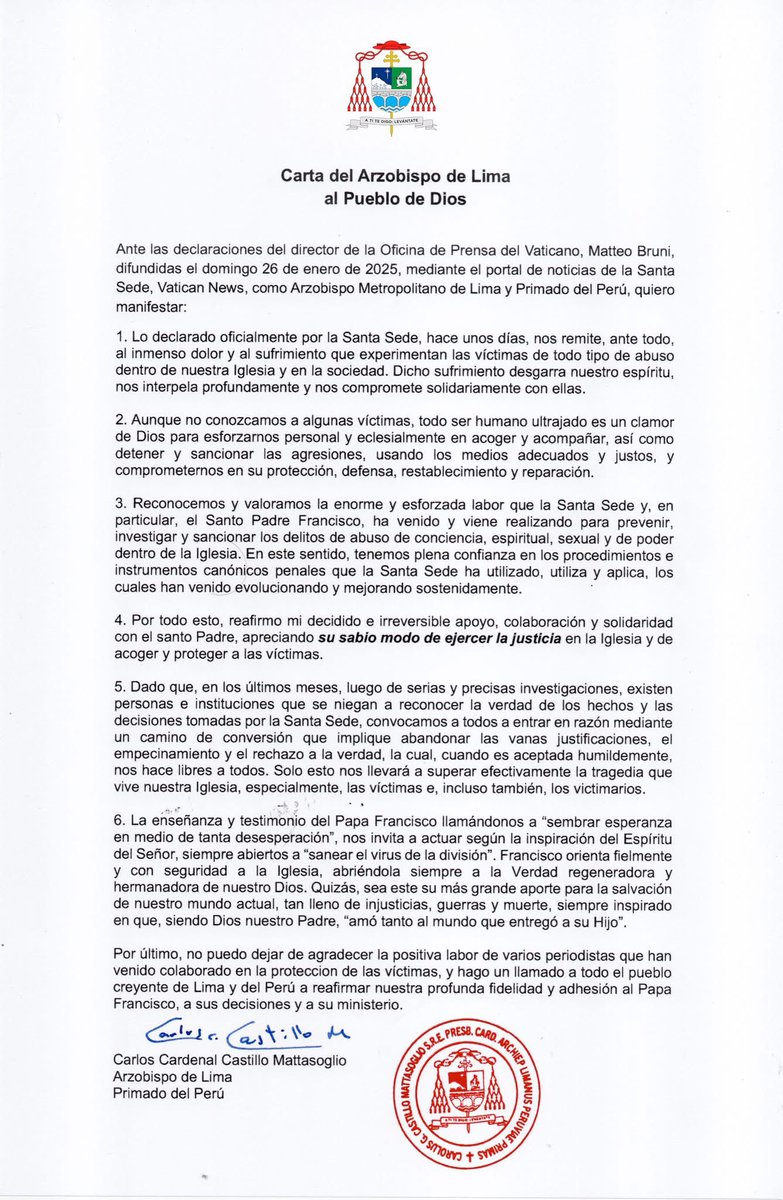 La carta del Cardenal Carlos Castillo es extraordinaria frente al mamotreto escrito por Cipriani negando ser un  pederasta. Recomiendo leerla con detalle. #NuncaMásAbusoSexual