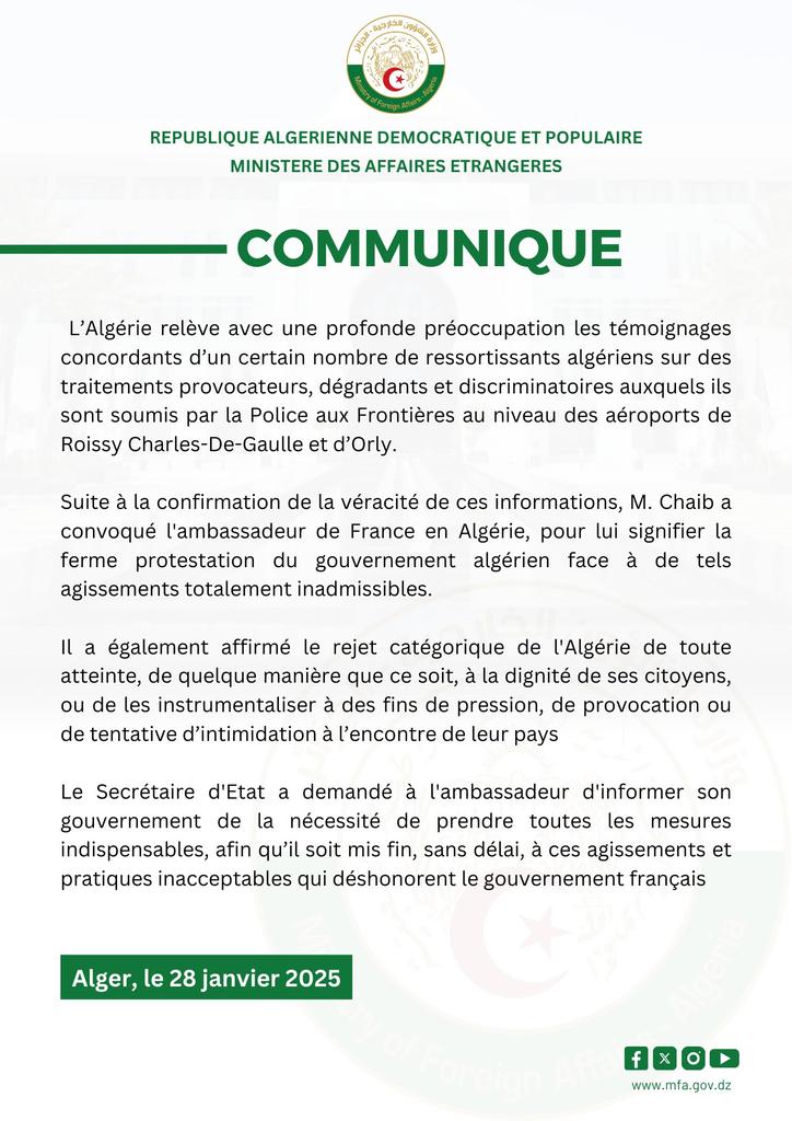 ambalgerieparis's tweet photo. Communiqué du @Algeria_MFA: Ferme protestation du Gouvernement algérien suite aux temoignages de ressortissants 🇩🇿 au sujet de traitements provocateurs, dégradants et discriminatoires au niveau des aéroports de #Roissy_Charles_De_Gaulle et d'#Orly.
#Algérie #Communauté_Algérienne https://t.co/sA4HQDL23m