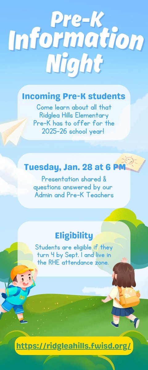 Ridglea Hills Elementary School (@rhillsfwisd) on Twitter photo Don't forget about tonight's Pre-Kindergarten Information Night. We look forward to seeing you all and welcoming you to the Ridglea Hills Mustang Family!
#RHES #FWISD
<a href="/karenmolinar/">karenmolinar</a> @CharlieGarciaFW <a href="/CortezLupe1/">Guadalupe Cortez </a> <a href="/CreneshaCotton/">crenesha cotton</a> Don't forget about tonight's Pre-Kindergarten Information Night. We look forward to seeing you all and welcoming you to the Ridglea Hills Mustang Family!
#RHES #FWISD
<a href="/karenmolinar/">karenmolinar</a> @CharlieGarciaFW <a href="/CortezLupe1/">Guadalupe Cortez </a> <a href="/CreneshaCotton/">crenesha cotton</a>