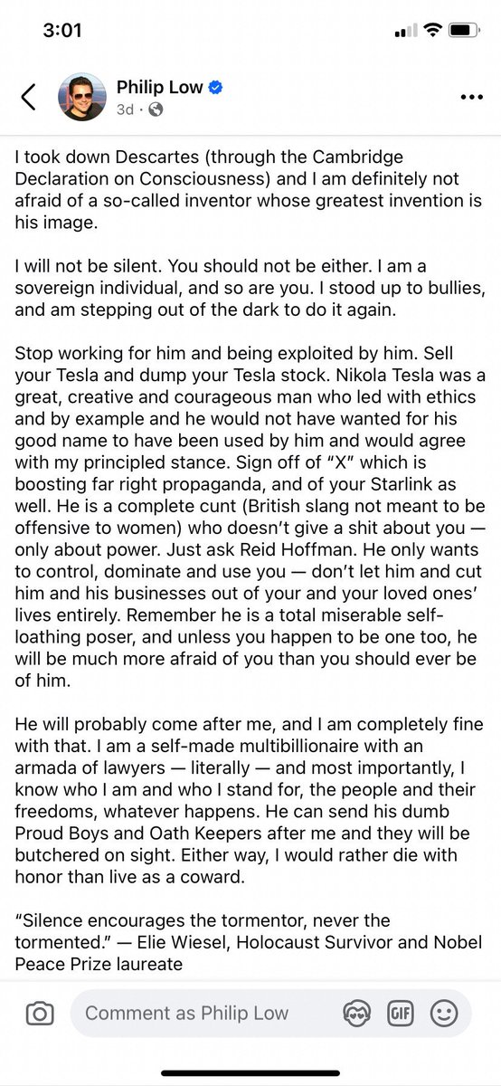 artysamurai's tweet photo. Everyone should read Dr. Philip Low's full take down of evil charlatan #ElonMusk Read it in full on FB and the Blue place. Given what Musk is doing it's important his destructive lies & unethical behavoir are exposed. The #MuskMask has slipped. Please spread far & wide 👇 https://t.co/gcLZvSQ950