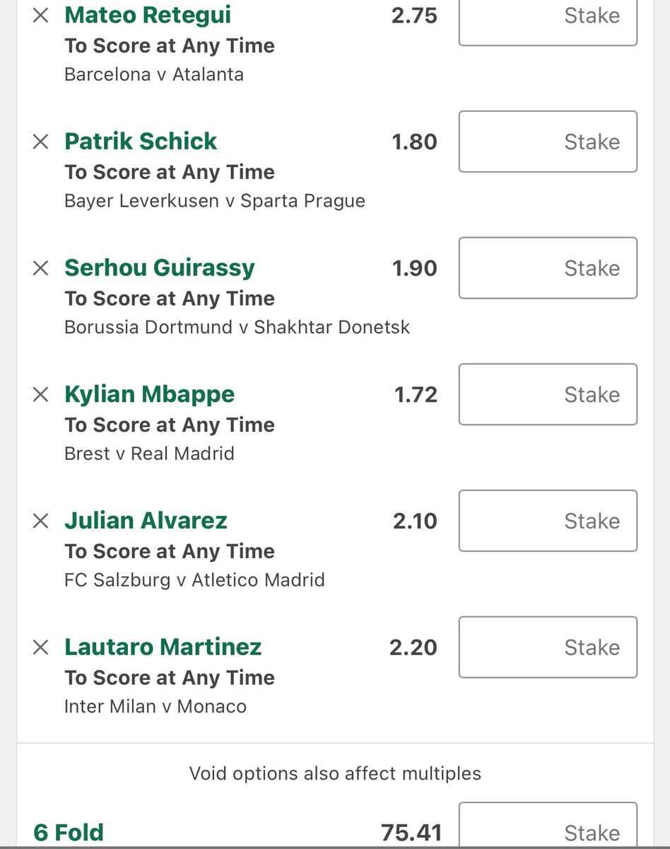 #UCL AGS Longshot @ 75.00 (0.1u) 

I took some of my favourites from the list, and put this together. 

For every player who fails to score, I’ll giveaway £25 to 1 person. 

(6 x £25 up for grabs) 

LIKE this tweet &amp; follow us on Instagram to be entered. 

Instagram in replies👇