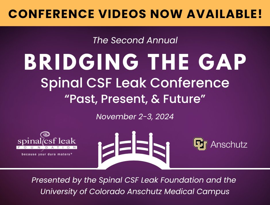Videos for all 40+ presentations from our 2024 Bridging the Gap conference are now available! You can find the replays on our Bridging the Gap 2024 landing page. We've also included transcripts for each talk. spinalcsfleak.org/conferences/br… 

Thank you to all who joined us.