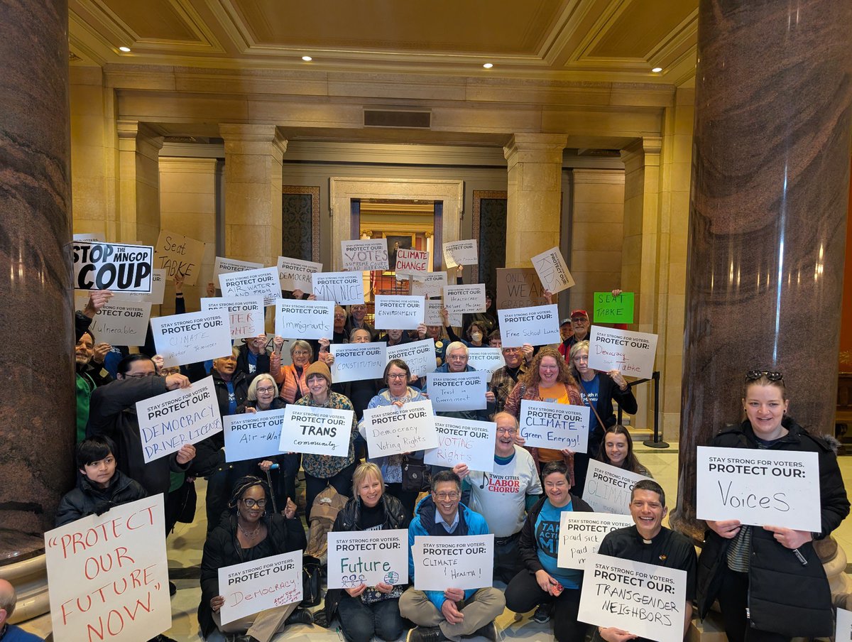 TakeActionMN's tweet photo. Today we joined @100PercentMN and @minnesota_faith at the capitol to show our @mnhouseDFL that we have their backs. Our representatives are fighting for all of us by holding the line and stopping the GOP coup #mnleg https://t.co/uDthusyOpF