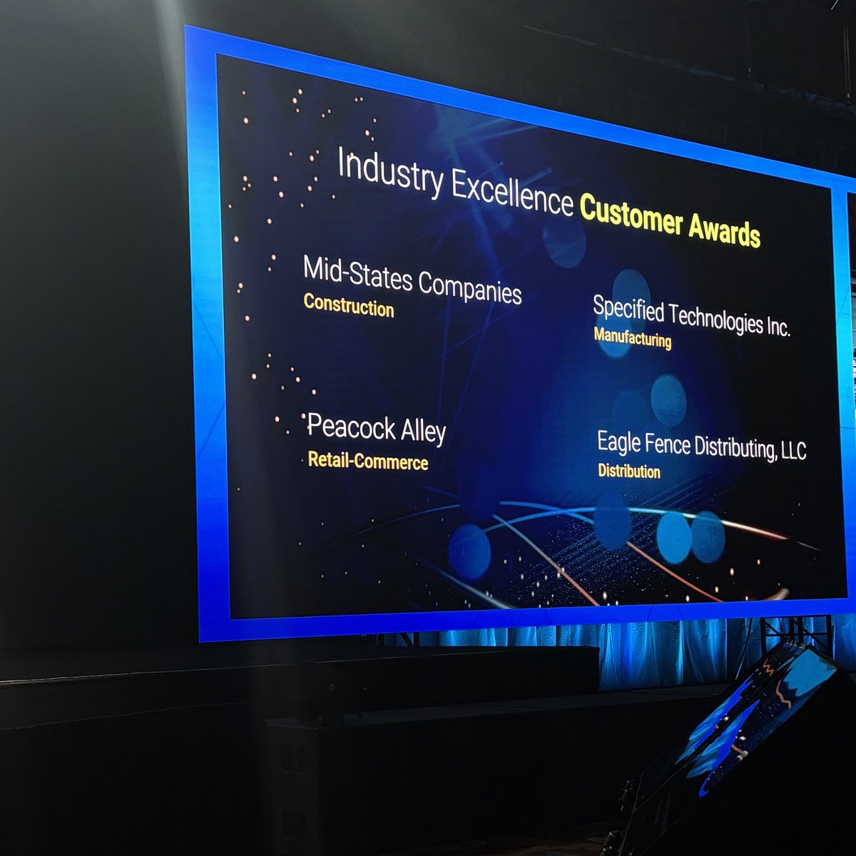 Congratulations to our Industry Excellence award winners! 

Mid-States Companies 
@peacockalley
@STI_Firestop
Eagle Fence Distributing, LLC 

#AcumaticaSummit