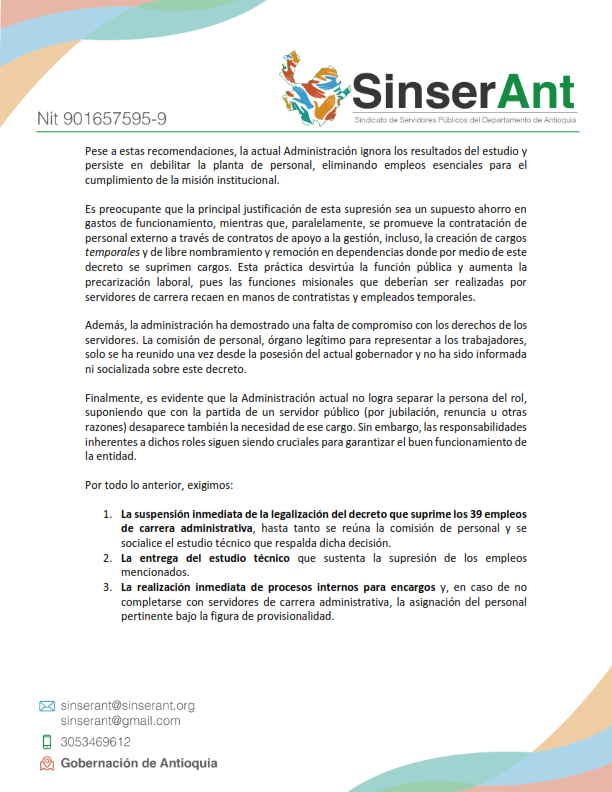 SinserAntioquia's tweet photo. Manifiestamos nuestra profunda preocupación y rechazo ante la decisión tomada por el gobernador de Antioquia @AndresJRendonC, de suprimir 39 empleos de la planta de personal de la @GobAntioquia. https://t.co/JJZj9MLO33
