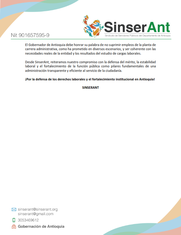 SinserAntioquia's tweet photo. Manifiestamos nuestra profunda preocupación y rechazo ante la decisión tomada por el gobernador de Antioquia @AndresJRendonC, de suprimir 39 empleos de la planta de personal de la @GobAntioquia. https://t.co/JJZj9MLO33