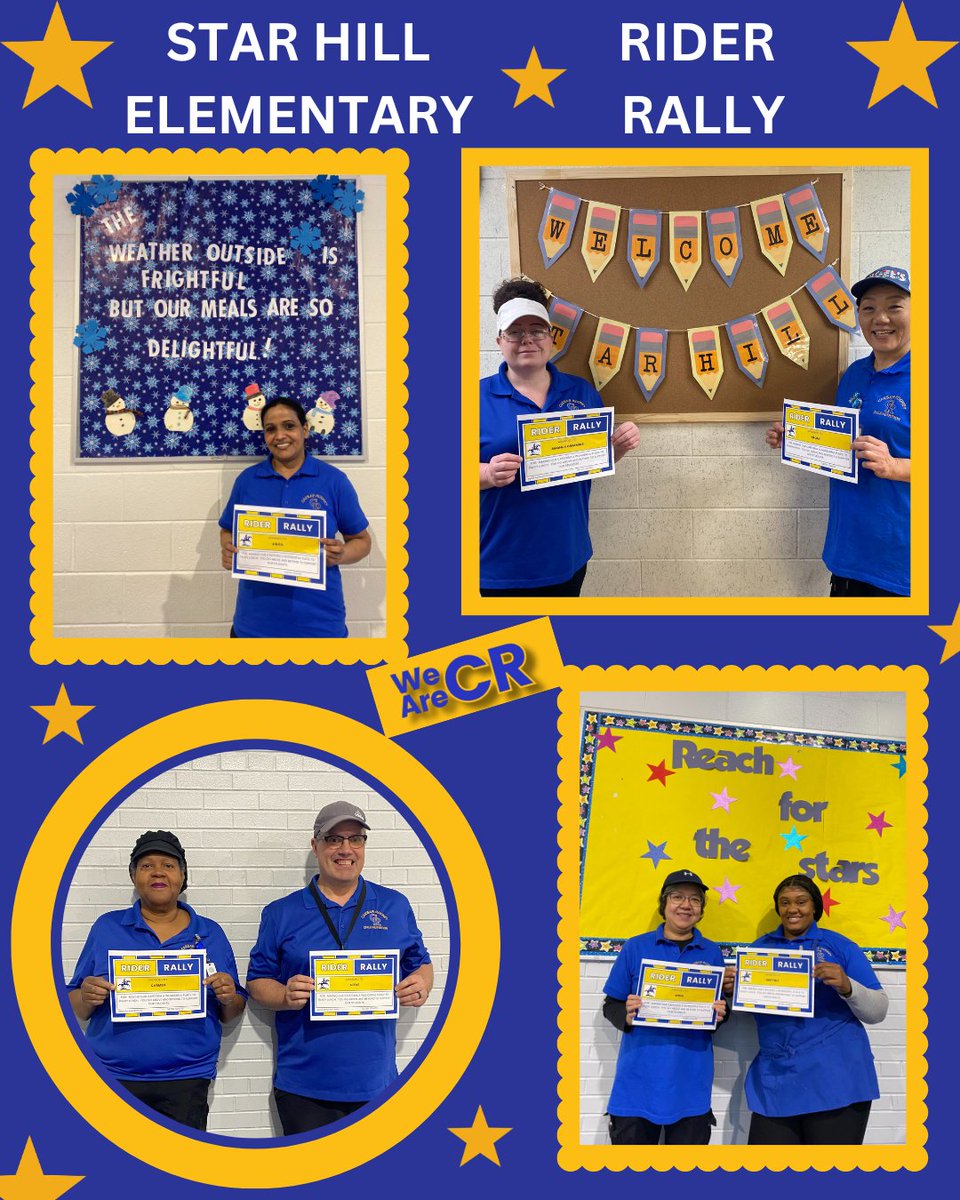 CRFood4U's tweet photo. 💙💛 The Star Hill Child Nutrition team was honored at their school's Rider Rally for their exceptional support of the students they serve. They create a fantastic environment for students to enjoy lunch! GO RIDERS! https://t.co/RUBCaRnwwT
