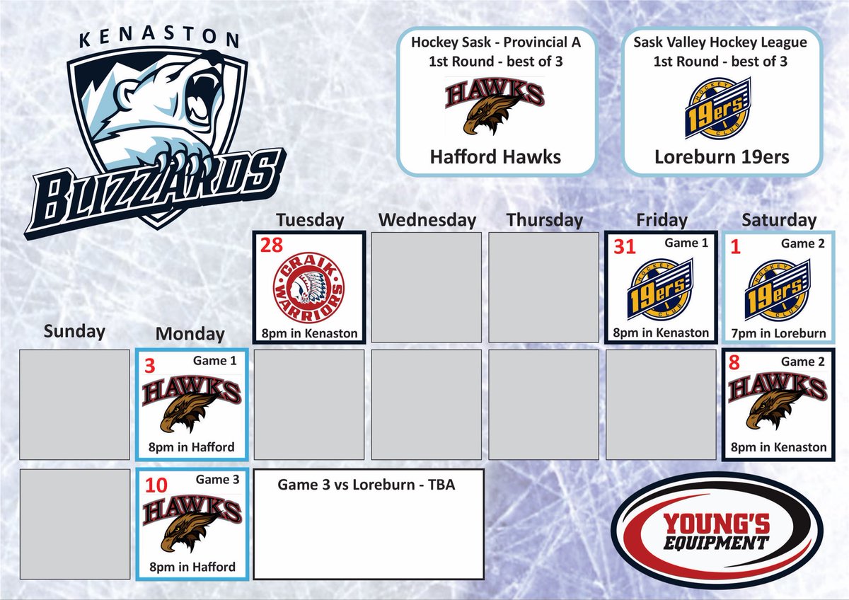 Dates are set!  Provincials and League. But 1st we close out our regular season tonight at home vs <a href="/Warrior_Probs/">Craik Warrior Probs</a> 8pm

<a href="/19ershockeyclub/">19ersHockeyClub</a>  <a href="/HaffordHawks/">Hafford Hawks</a>