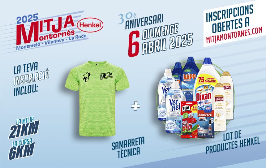 💥INSCRIPCIONS | Mitja i 6k

La Mitja Marató Montornès - Montmeló - Vilanova - La Roca obre les inscripcions de la 30ª edició amb un màxim de 1800 dorsals📝. 

Tot/a participant rebrà un lot de productes Henkel i una samarreta conmemorativa🎁. 

Dorsals 👉🏽 mitjamontornes.com