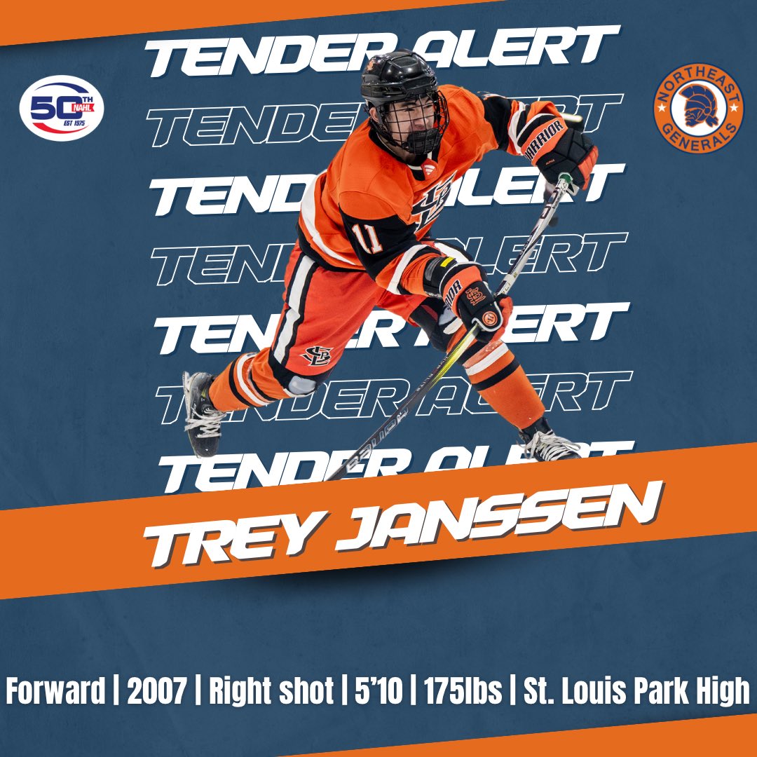 The @nahlhockey Northeast Generals are excited to announce that we have tendered Trey Janssen. Janssen (@trey.janssen3) will be a strong force on our offense and we cannot wait for him to join the #GensFamily