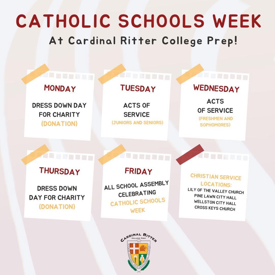 It's Catholic Schools Week! Since 1974, National Catholic Schools Week has been an annual celebration of Catholic education in the United States, and Cardinal Ritter College Prep is proud to celebrate this tradition with our whole school community.

#NCSW #CatholicSTL #Lionpride