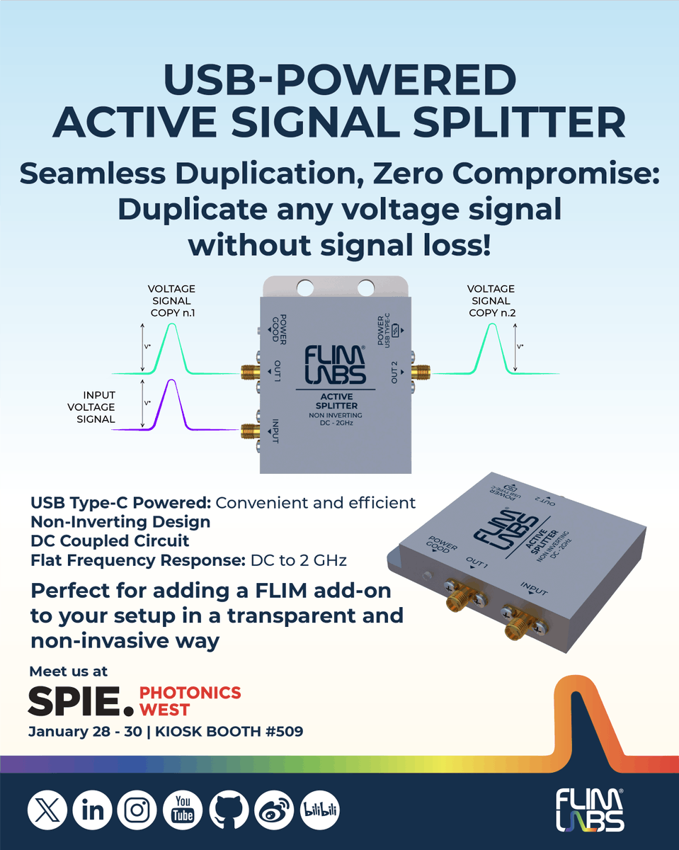 FlimLabs's tweet photo. #USBPowered #ActiveSignalSplitter: ideal for integrating a #FLIM add-on into your setup without any hassle, 🔬 it can also be used alongside photo-multiplier tubes (PMT) for even more versatility. 
🤝Meet us at #SPIE @PhotonicsWest  Jan 28-30 booth #509. https://t.co/9NDDpGlvqn