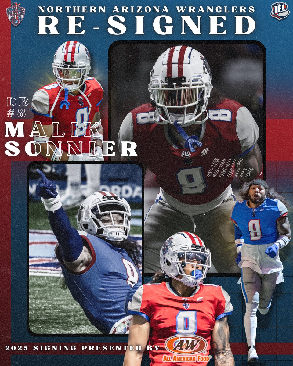 MALIK!💪🗣️ Welcome back, DB <a href="/Carn8ge_/">Malik Sonnier</a> for 2025🏈🤠The playmaking and hard-hitting defensive back returns to NAZ for year 2🔥👀 

Signing presented by A&amp;W ! Head over to A&amp;W to enjoy a DELICIOUS and THE Official Root Beer Float of your NAZ Wranglers!