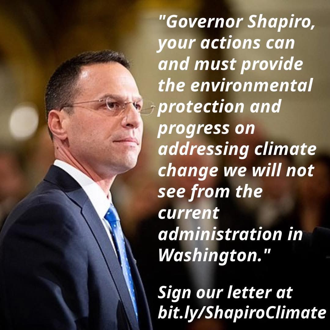 Organizations and Individuals are invited to sign our letter to Governor Shapiro calling on him to become the leader we need on climate change and the environment.
Read and sign the letter at bit.ly/ShapiroClimate.