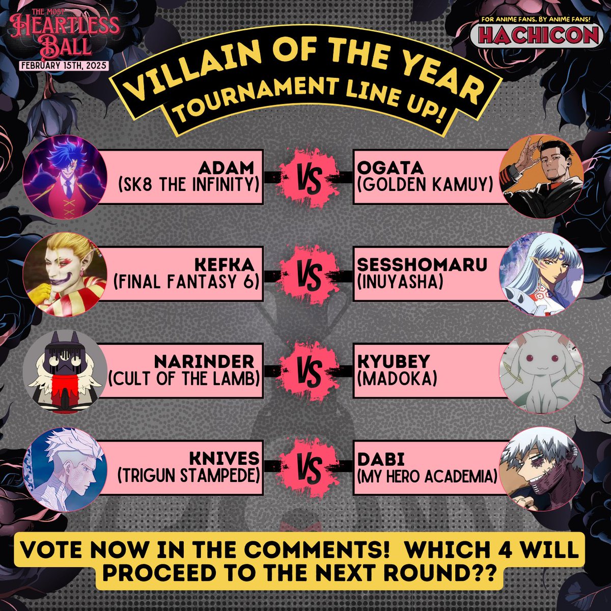 hachi_con's tweet photo. Round 1, FIGHT! Choose your favorite villain from each match up and let us know your picks in the comments! The villain that comes out on top at the end of the tournament will get to be the theme for some very fun decor and surprises at the dance next month! 
.
#HachiCon https://t.co/sqkgrcFE1X