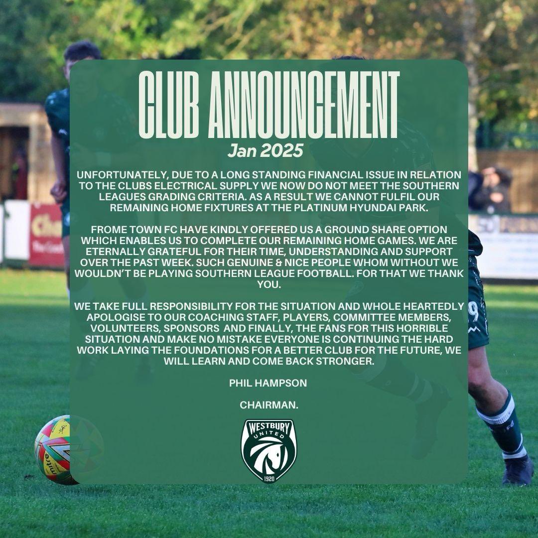 westburyutd's tweet photo. Club Statement :

Further statement from the managers will be issued in due course. https://t.co/AVLZk6UCeQ