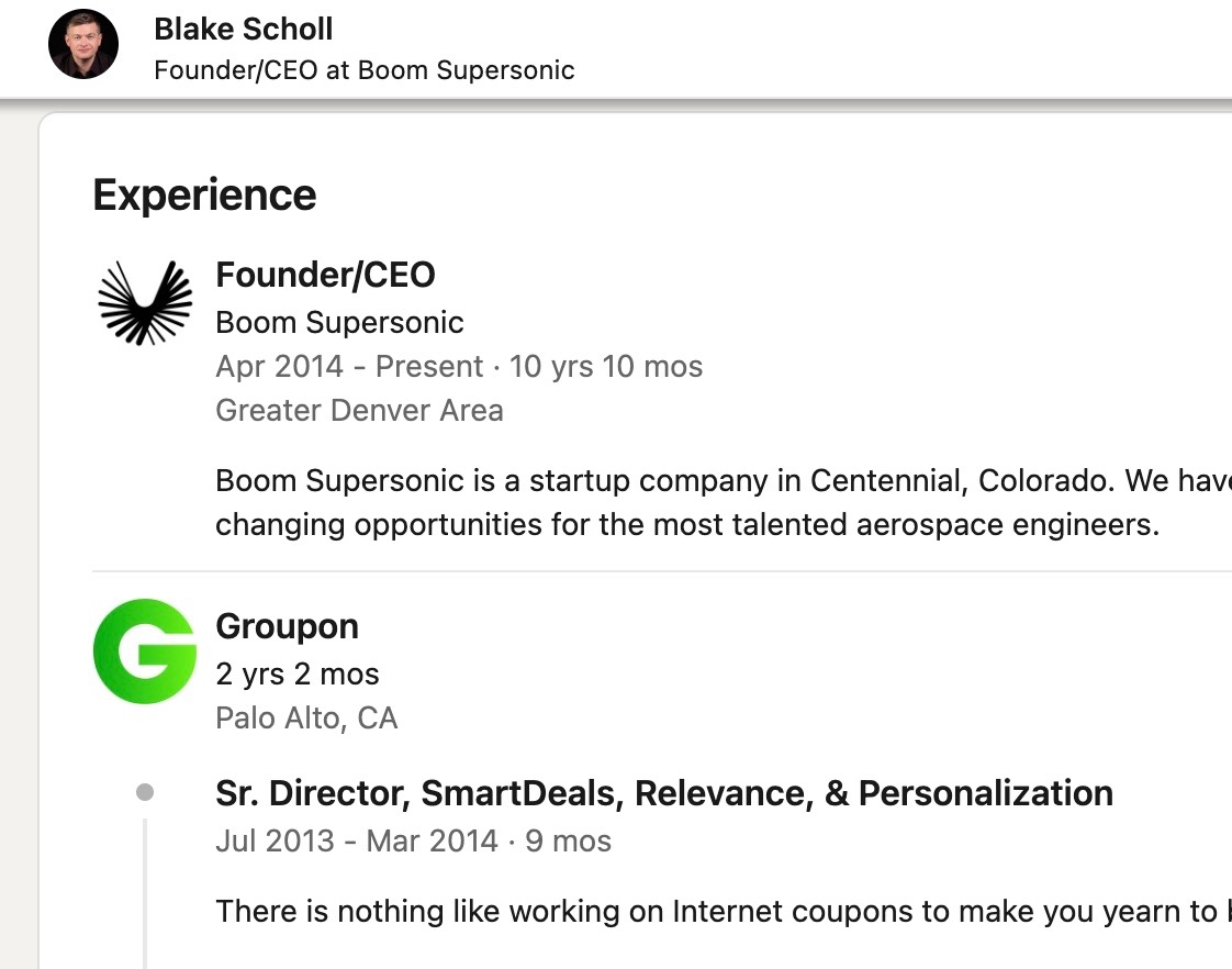 11 years ago <a href="/bscholl/">Blake Scholl 🛫</a> was working on internet coupons, and today his startup broke the sound barrier.

You can just do things.