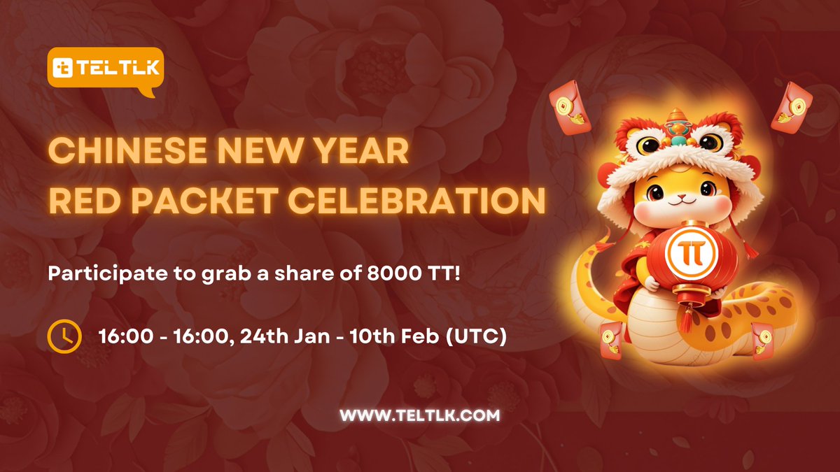 Campaign update: Celebrate the Year of the Snake with Teltlk! 🐍 

Join our Chinese New Year Red Packet Celebration and grab a share of 8000 TT! 🧧

🔗 Campaign link: s.giveaway.com/x3mt5l

🛠 How to participate:  
📷 Follow our channels:  
1⃣: x.com/teltlkteam