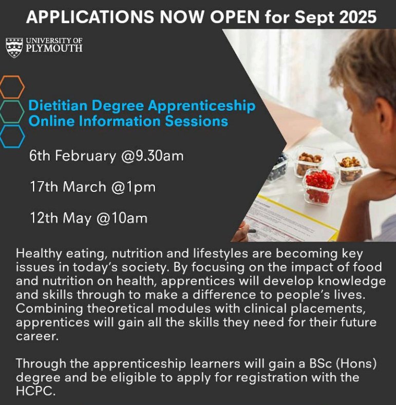 Exciting News: Dietetic Degree Apprenticeship Programme Launches at the University of Plymouth! 
📅 Applications open now! See details of our online information sessions below
eventbrite.co.uk/e/dietitian-de…