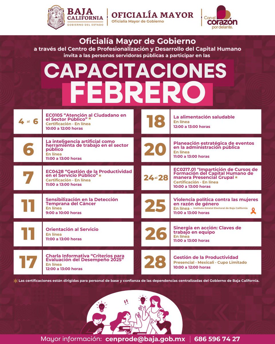 Oficialía Mayor de Gobierno, a través de #CENPRODE, te invita a conocer la oferta de capacitación para febrero, diseñada para ampliar tus conocimientos y fortalecer tus habilidades.�

📅 Inscríbete ingresando a: bit.ly/3Eat198