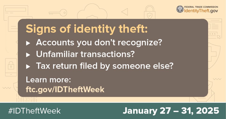 Would you recognize the signs if your identity is stolen? #IDTheftWeek is January 27-31. Visit ftc.gov/IDTheftWeek to learn about free events and resources. #IDTheft #BankLocal