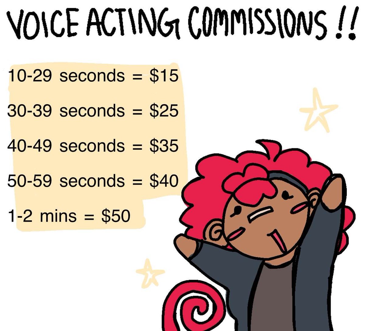 Estrogen_Storm's tweet image. HEY PEOPLES!!!
I DECIDED I'M OPENING UP VOICE ACTING COMMISSIONS!!!
THE PRICES ARE ON THE IMAGE AND MY PAYMENT METHODS ARE THROUGH PAYPAL AND CASHAPP!!
IN THE REPLIES I WILL SHOW SOME OF MY PREVIOUS VOICE WORK SO YOU CAN GET A GOOD FRAME OF REFERENCE!!
(doodle by @/xaliiox)