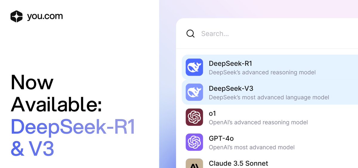 youdotcom's tweet photo. @deepseek_ai is officially live at you(dot)com.
The hype is real, and it’s spectacular 🔥

DeepSeek R1 &amp; V3 are crushing benchmarks and pushing the boundaries of what LLMs can do. Give them a spin and see why everyone’s buzzing. https://t.co/pO6mN4lfT6