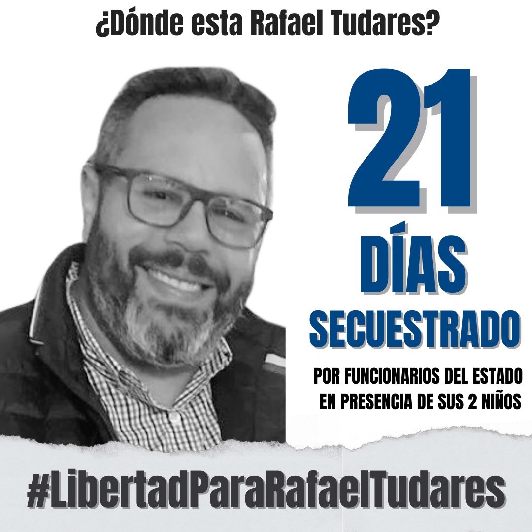 21 días desde el secuestro de mi esposo Rafael Tudares Bracho, hecho ejecutado por funcionarios del Estado frente a nuestros niños. Rafael no ha cometido delito alguno. 

Nosotros no somos políticos, no incidimos en política. Por ello nos quedamos en Venezuela. ¡Pido su libertad!