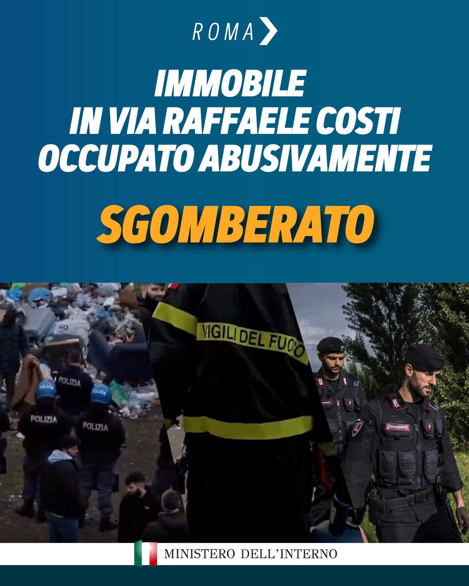 Piantedosim's tweet image. È stato sgomberato dalle Forze dell'ordine, in collaborazione con i Vigili del Fuoco e la Polizia locale di Roma Capitale, uno stabile in via Raffaele Costi. L'immobile, occupato abusivamente da 9 migranti, è stato messo in sicurezza e verrà riconsegnato alla proprietà.