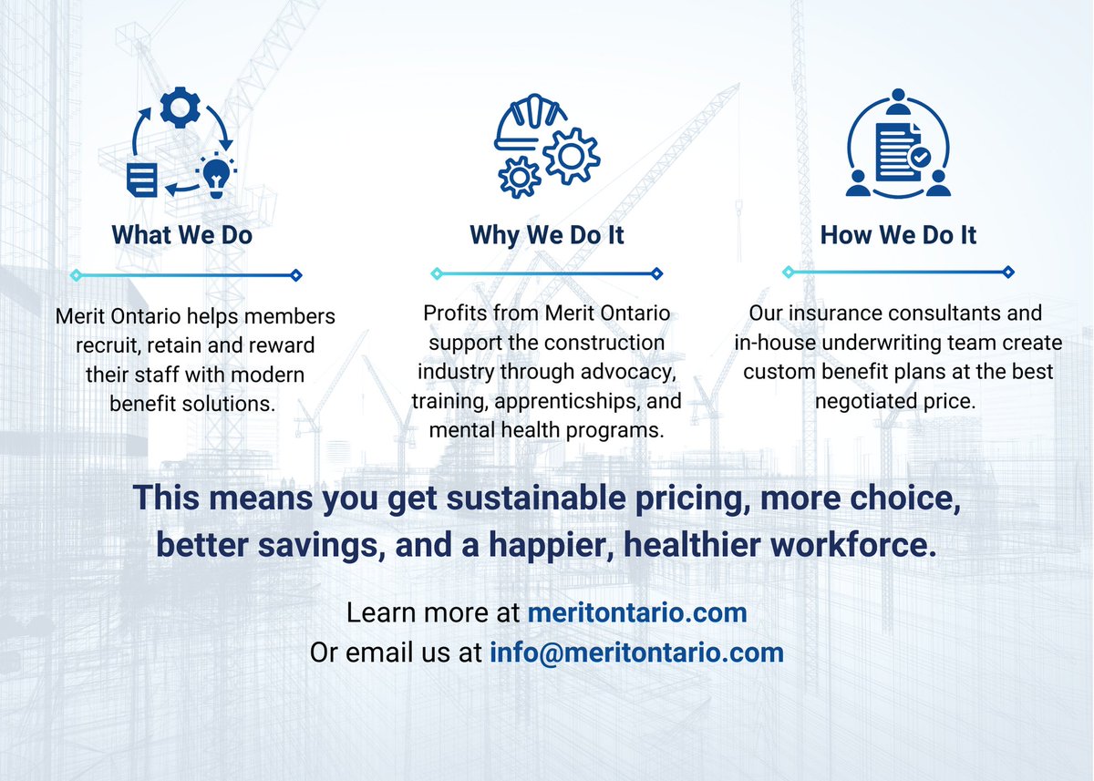 Merit Ontario (@meritontario) on Twitter photo Show your employees you care with competitive health and wellness coverage—and watch your retention rates soar. 🚀 If interested in a free quote, email info@meritontario.com
#ConstructionIndustry #EmployeeBenefits Show your employees you care with competitive health and wellness coverage—and watch your retention rates soar. 🚀 If interested in a free quote, email info@meritontario.com
#ConstructionIndustry #EmployeeBenefits