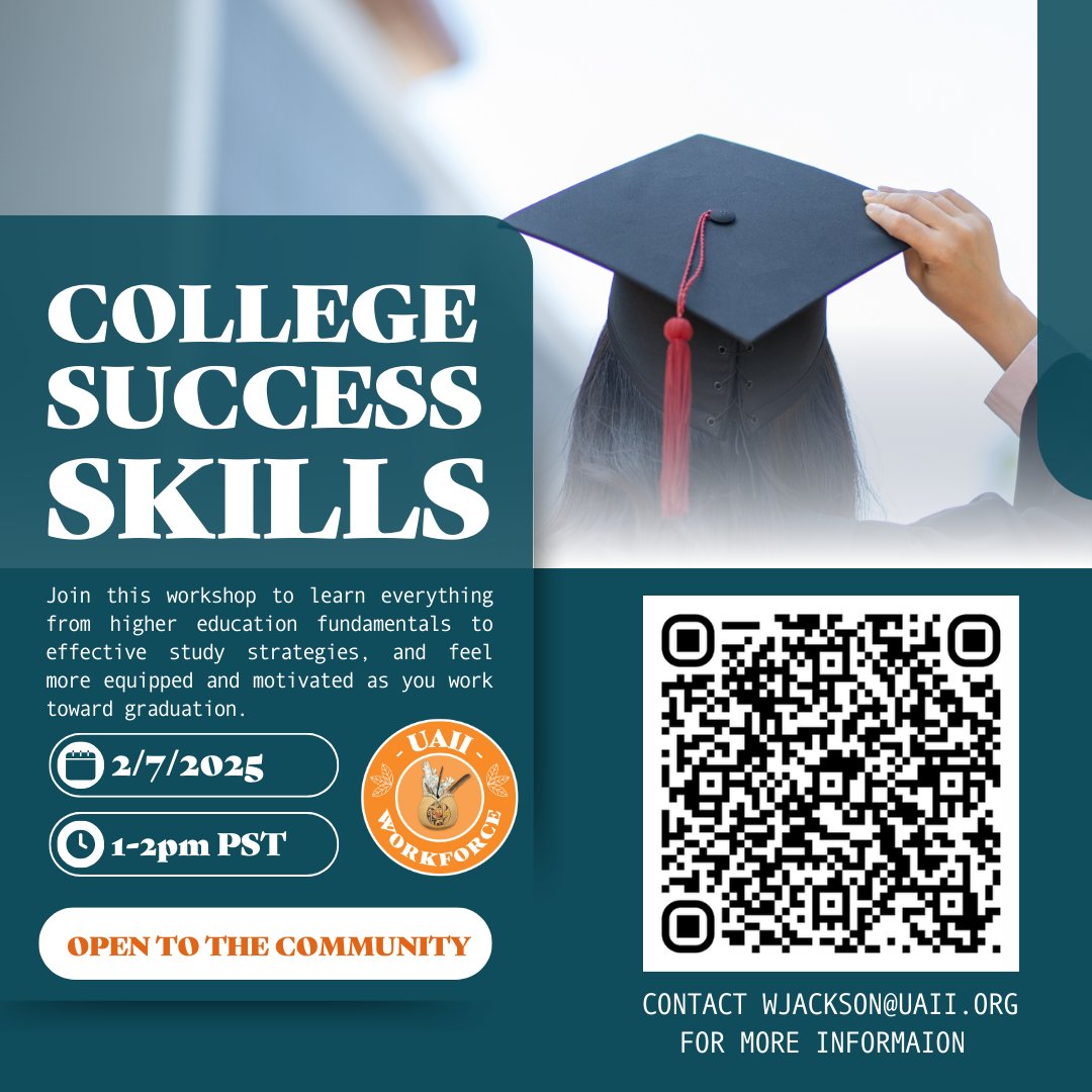 UAIIinc's tweet photo. College Success Skills Workshop

📅 Date: February 7, 2025
⏰ Time: 1 PM – 2 PM
📍 Location: Online via Zoom
💻 Register here: https://t.co/d0wwur21gH

Open to the community!
Contact: William Jackson at wjackson@uaii.org https://t.co/PutdTS07o7