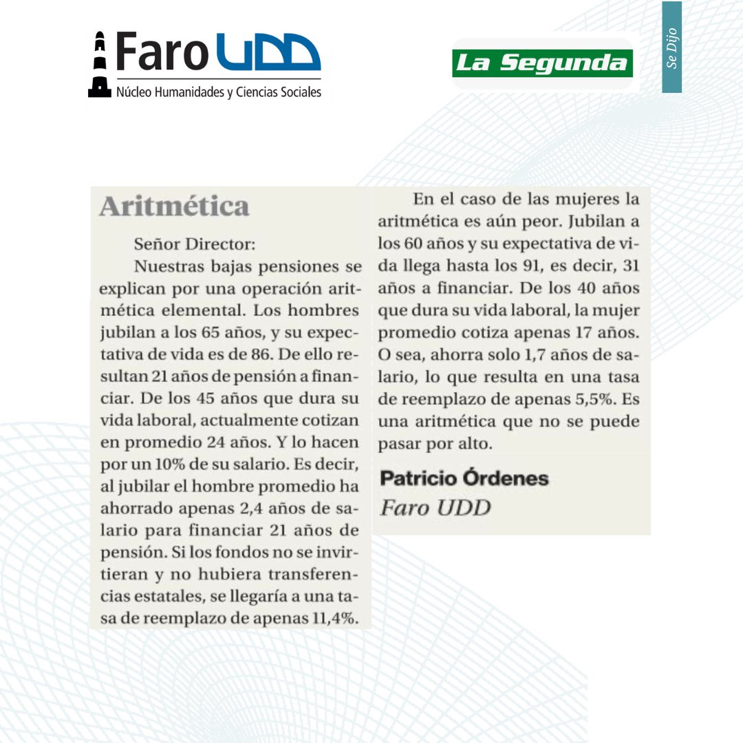 [OPINIÓN]🙋🏻‍♀️💸
“Aritmética” #ReformaDePensiones 
Hoy | Patricio Órdenes, economista y profesor investigador de #FaroUDD en <a href="/La_Segunda/">laSegunda</a> 

“De los 40 años que dura su vida laboral, la mujer promedio cotiza apenas 17 años. O sea, ahorra solo 1,7 años de salario, lo que resulta en una