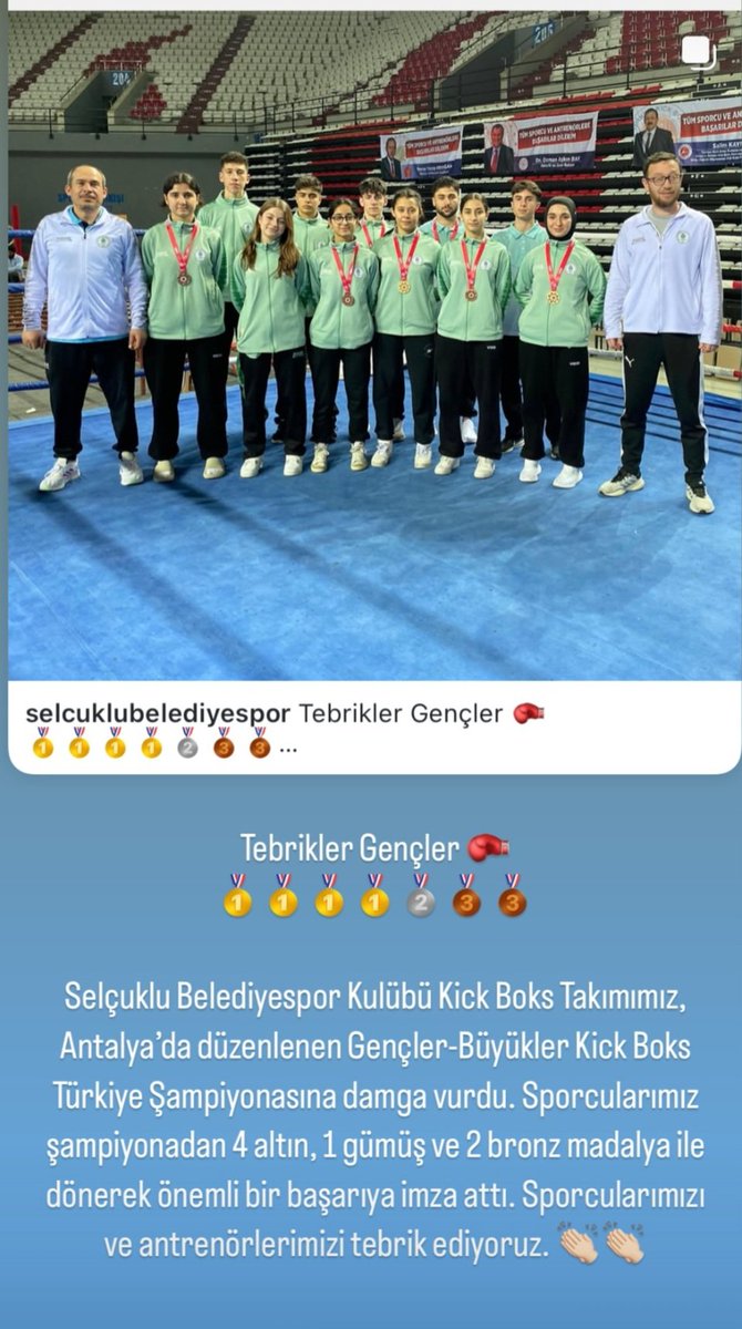 21-24 ocak Türkiye Şampiyonasını 4 altın,1 gümüş,2 bronz ile tamamladık.Bizlere desteğini esirgemeyen başta Selçuklu Belediye Başkanımız <a href="/a_pekyatirmaci/">Ahmet Pekyatırmacı</a> beye, Kulüp Başkanımız <a href="/mytezcan/">Mustafa Yavuz TEZCAN</a> beye, Başkan Yardımcımız <a href="/malicakar7/">mehmet ali çakar</a> beye, Kulüp Müdürümüz  <a href="/melikkolay/">Mehmet Ali KOLAY</a>  beye teşekkür ederim.