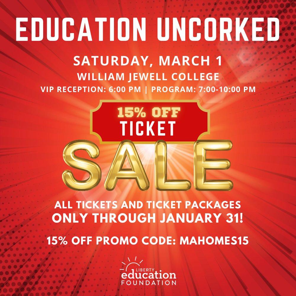 LibertyEdFdn's tweet image. 🎉🏈 Chiefs Fever + Education Uncorked = A Winning Combo!
Join 400 guests for fun community vibes, food, drinks and an amazing auction! Last chance to score discounted tickets! Use promo code MAHOMES15 by Jan. 31 to save 🔥
🎟️ Get tix: onecau.se/lefuncorked2025 #ShineBrightLPS