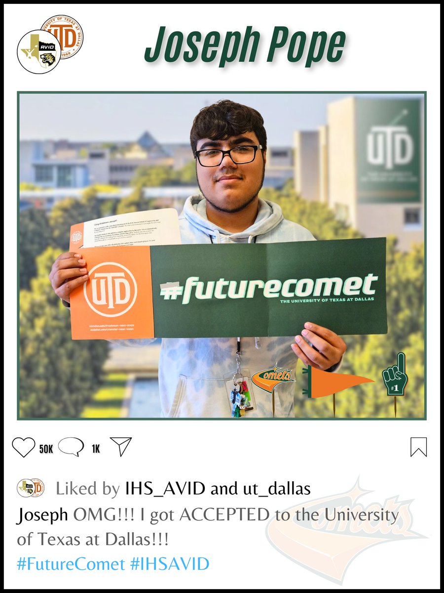 IHS_AVID's tweet photo. Congratulations to @IrvingHigh student, Joseph, on his acceptance to @UTArlington, @UT_Dallas , and @TarletonState! We are #AVID proud of you! #texastornadodesigns #IrvingISD #mavsmade #futurecomet #tarletonbound https://t.co/yoyahdhyDq