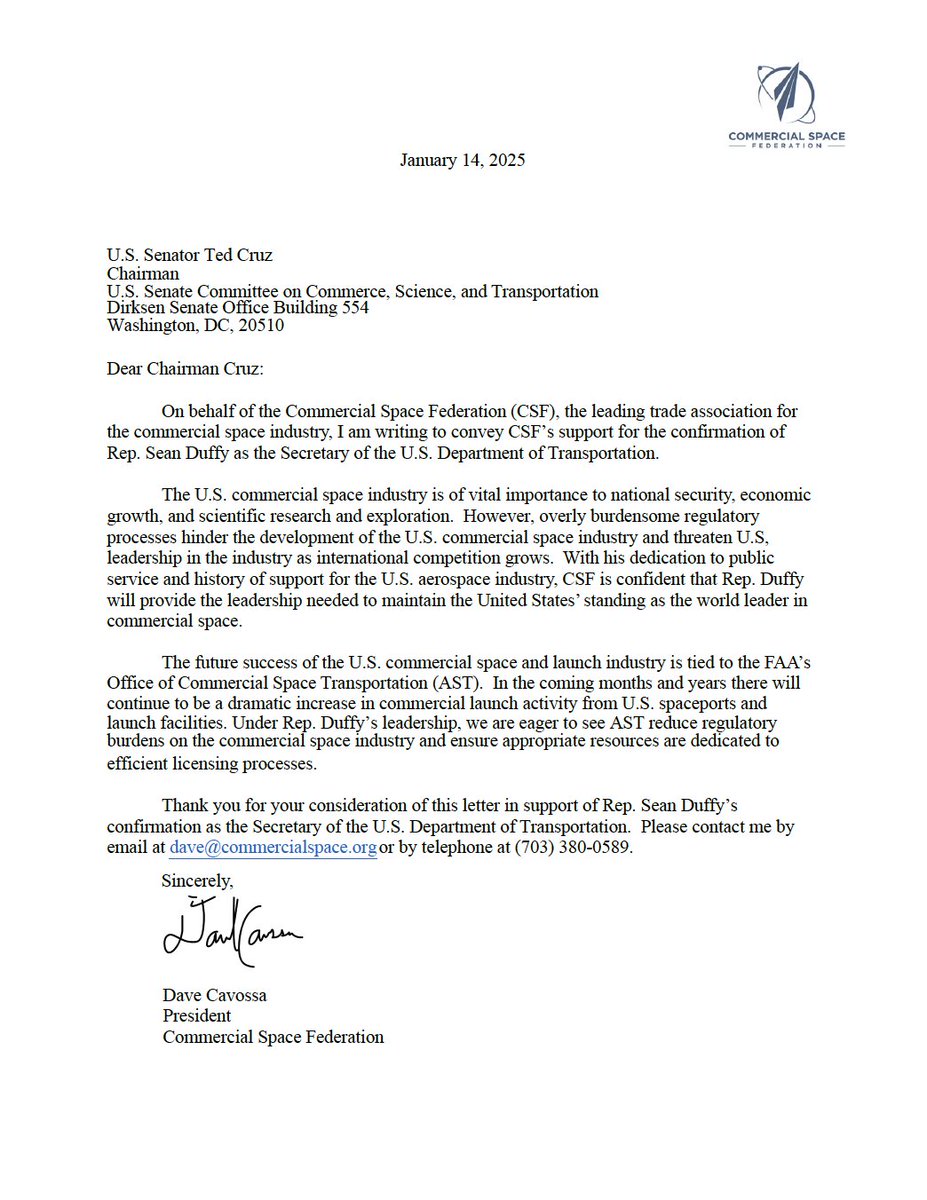 Commercial Space Federation (@csf_spaceflight) on Twitter photo Congratulations <a href="/SeanDuffyWI/">Sean Duffy</a> on your confirmation to be Secretary @DOT. CSF looks forward to working with you to accelerate the commercial space industry and further expand the U.S. economy into space! Congratulations <a href="/SeanDuffyWI/">Sean Duffy</a> on your confirmation to be Secretary @DOT. CSF looks forward to working with you to accelerate the commercial space industry and further expand the U.S. economy into space!