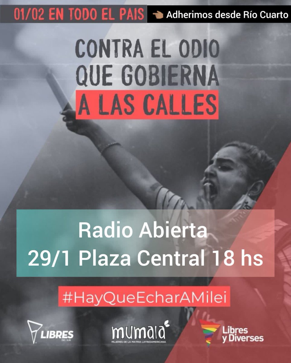 BarriosRio's tweet photo. #ALasCalles!!! de cada rincón de la Argentina. 
Al odio que gobierna, feminismo y organización.
Sumate en el lugar dónde estés! 
*Río Cuarto:* 
*29/1 Plaza Central 18hs* 
*Radio Abierta*  
#HayQueEcharAMilei https://t.co/OhvFnB32Zo