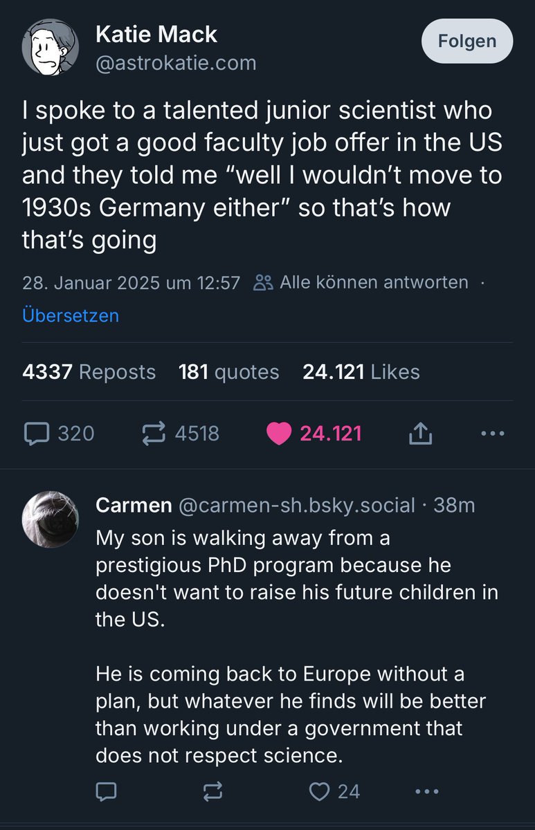Wäre ich jetzt in politischer Verantwortung, würde ich ja die historische Chance für Europa nutzen, mit großformatigen Sofortprogrammen, die Sahne US-amerikanischer Wissenschaftler abzuschöpfen. 🇪🇺