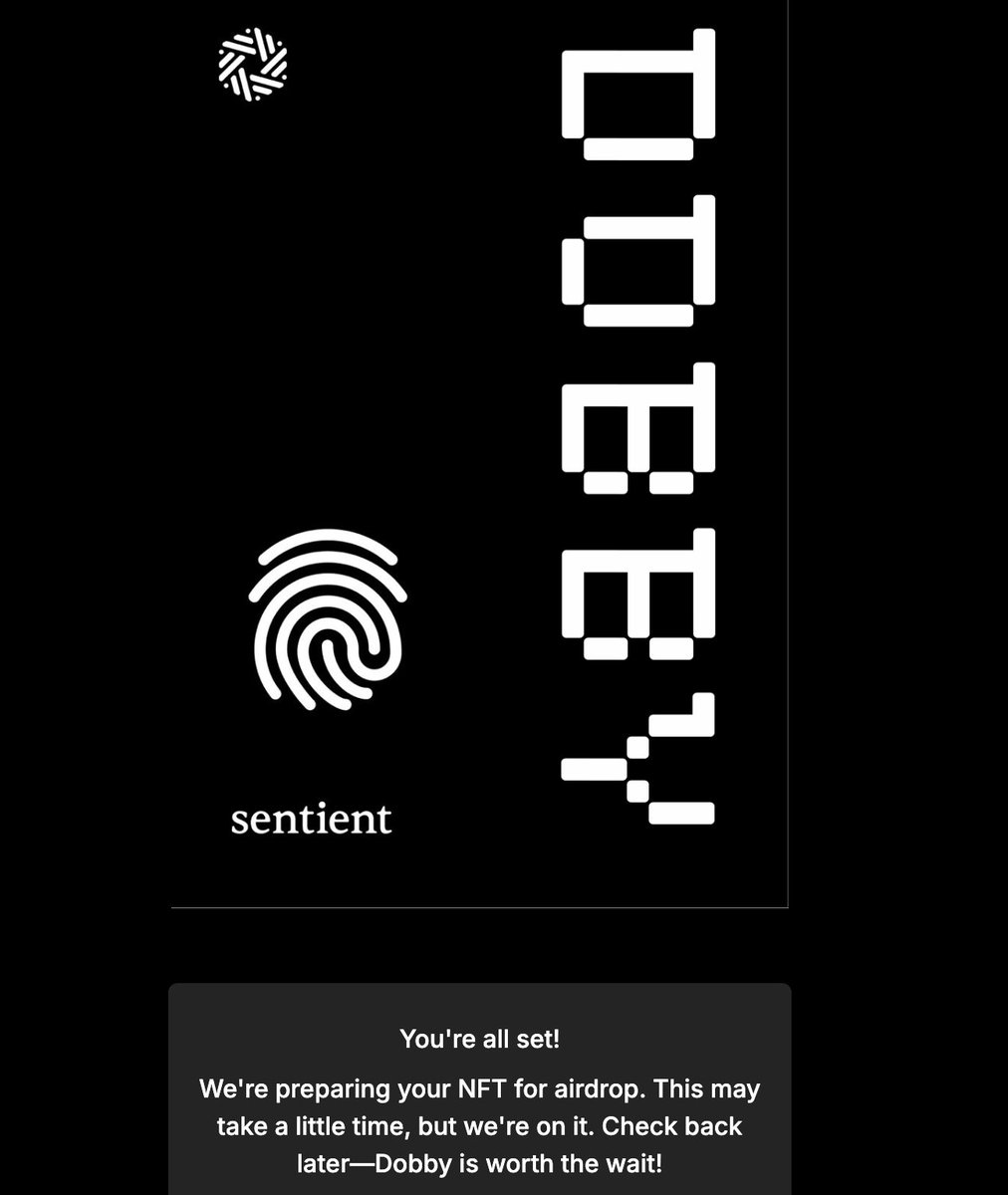 Time Sensitive Airdrop 🪂

⌛ Only 22 hours Left 

Sentient raised $85 million funding and their first loyal AI model Dobby is live to mint 🫴

Visit : campaign.sentient.xyz

- connect twitter
- pass the test 
- connect wallet or Google account to mint the NFT

It's only