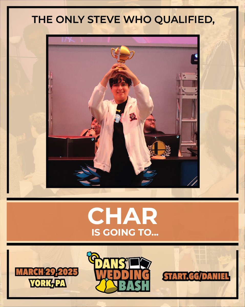 DanTheManWitTan's tweet photo. Happy to announce the 2 players who won free entry to Dan’s Wedding Bash for their performance at Smash Valley 2025! 

@IcyMist_ &amp; @charsarc_ will be joining 150 other attendees on March 29th in York, PA! 

You too can join them by registering at the link below! ⬇️ https://t.co/pWzyKtjAKi