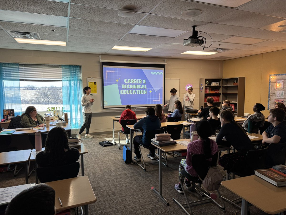 swartz_c's tweet image. CTE high school students have been busy marketing CTE to all 8th graders in USD232!  Provided 28 presentations in 3 middle schools over the past month.  The “client connected project” was a great success! @ksdehq @mvjaguars @DeSotoWildcats @ltmsusd232 @TheCreekMCMS @mtms_wolves