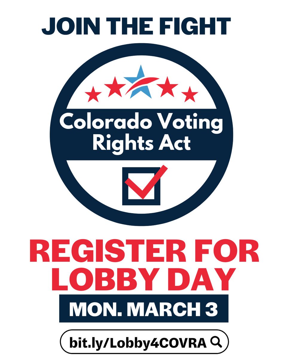 Join us on March 3rd for a day at the Capitol to urge lawmakers to pass SB001! No prior experience needed 😊

2 in 3 Coloradans support passing a state Voting Rights Act. Help us make this bill become law &amp; register today!

bit.ly/Lobby4COVRA