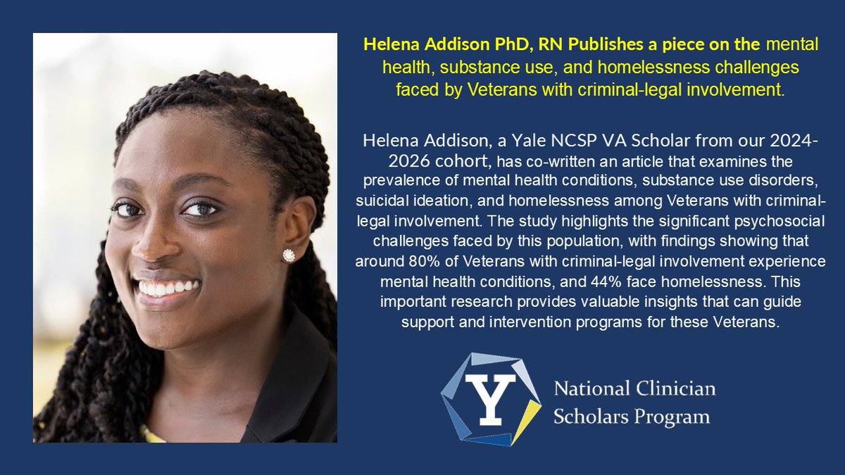 Congrats to Helena Addison PhD, RN a Yale NCSP VA Scholar from our 2024-2026 cohort on her co-authorship in this important study on Veterans' mental health and criminal-legal involvement! Read more: bit.ly/3K7UQGR #VAScholar