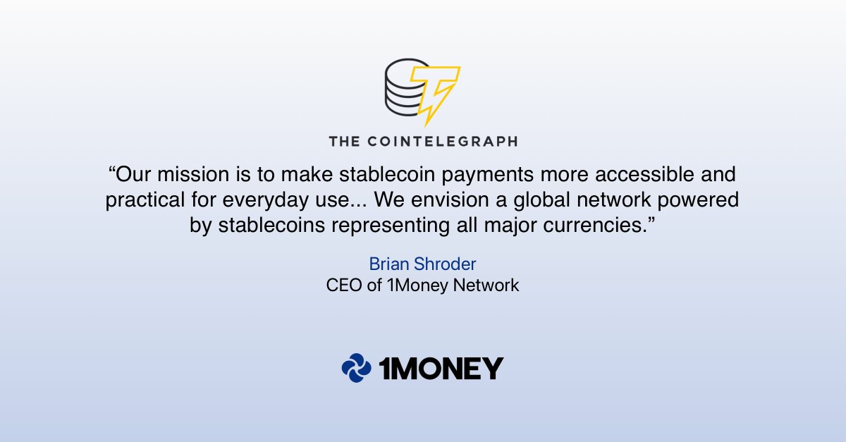 1Money Network (@1moneynetwork) on Twitter photo Our Co-Founder and CEO <a href="/BrianShroder/">Brian Shroder</a> recently sat down with <a href="/Cointelegraph/">Cointelegraph</a> to discuss the pivotal role of stablecoins in enabling seamless global payments and <a href="/1MoneyNetwork/">1Money Network</a>'s commitment to driving innovation in this dynamic landscape.
Read more here: cointelegraph.com/news/multicurr… Our Co-Founder and CEO <a href="/BrianShroder/">Brian Shroder</a> recently sat down with <a href="/Cointelegraph/">Cointelegraph</a> to discuss the pivotal role of stablecoins in enabling seamless global payments and <a href="/1MoneyNetwork/">1Money Network</a>'s commitment to driving innovation in this dynamic landscape.
Read more here: cointelegraph.com/news/multicurr…