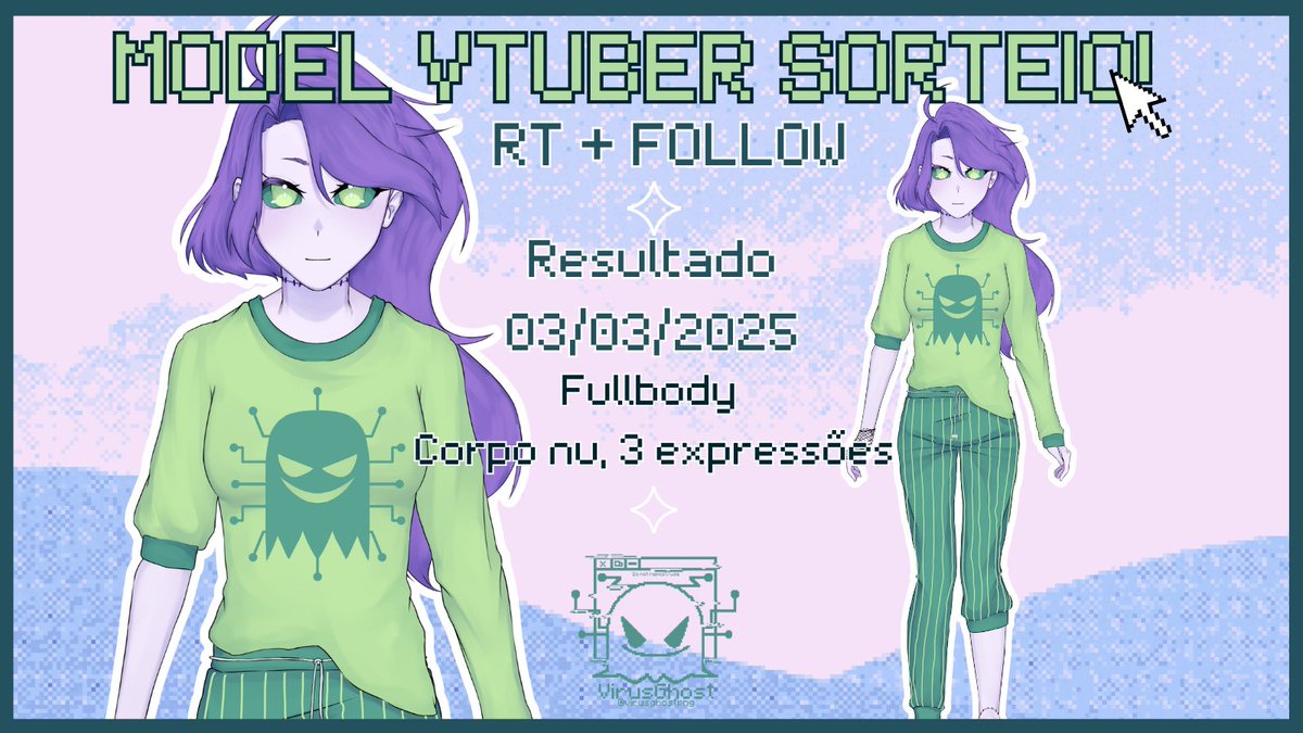 👻Sorteio de MODELO VTURBO! 

👻será 1 vencedor! 
será um modelo fullbody, com corpo nu (para roupas futuras) e 3 expressões, *é só a arte*

 🤓☝️Para concorrer basta: me seguir e RT

 O sorteio irá acontecer dia  3 de março !!