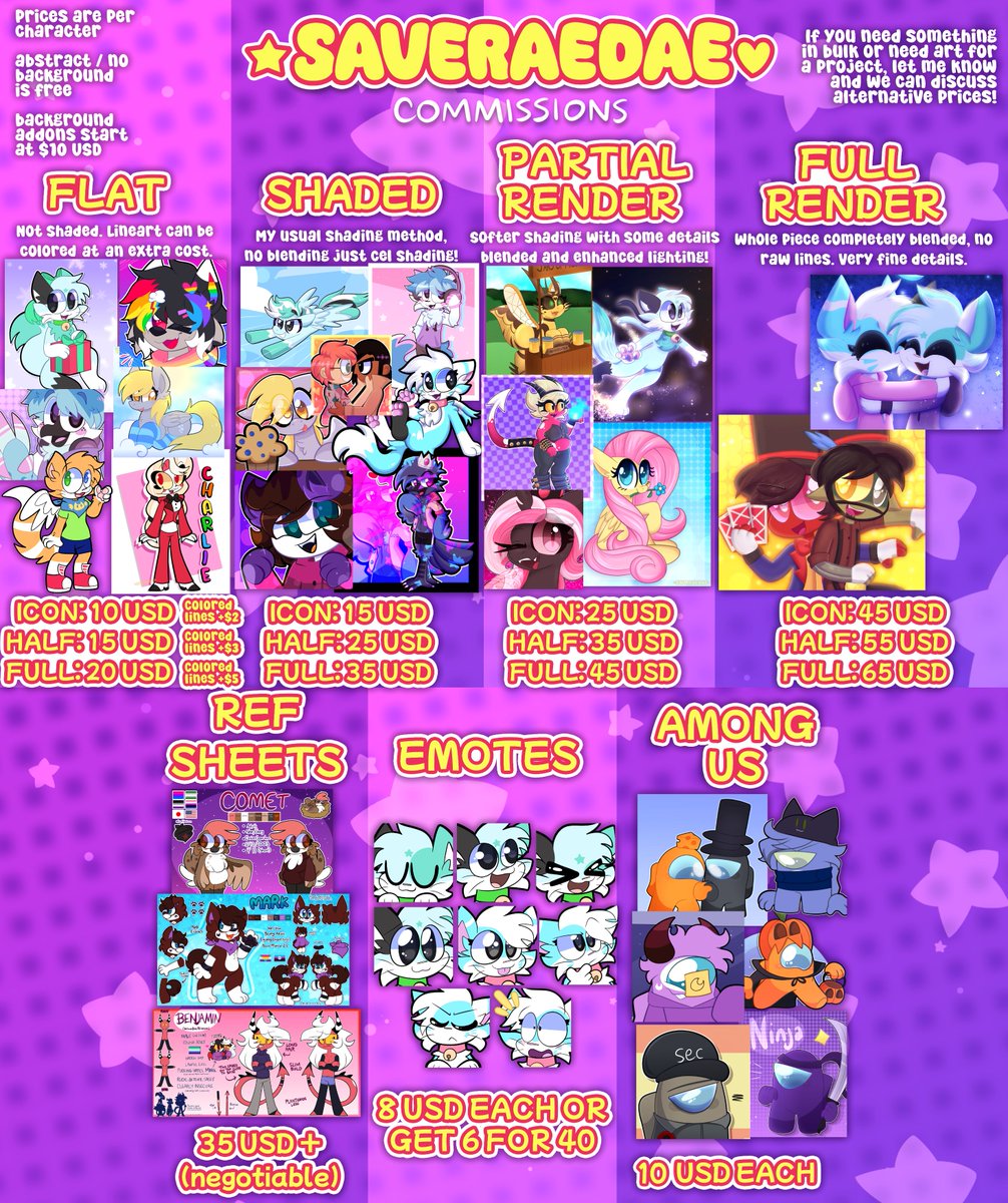 saveraedae's tweet photo. Guess what? MY COMMISSIONS ARE FINALLY OPEN!! Turnaround time is 1-2 weeks max!! :3
Slots are unlimited for now! Also I'm trying out these cute chibi styled comms too!💜 DM or email me if you are interested! And RTs are appreciated as well!!
#art #furry #mylittlepony https://t.co/bsA35hwbQj