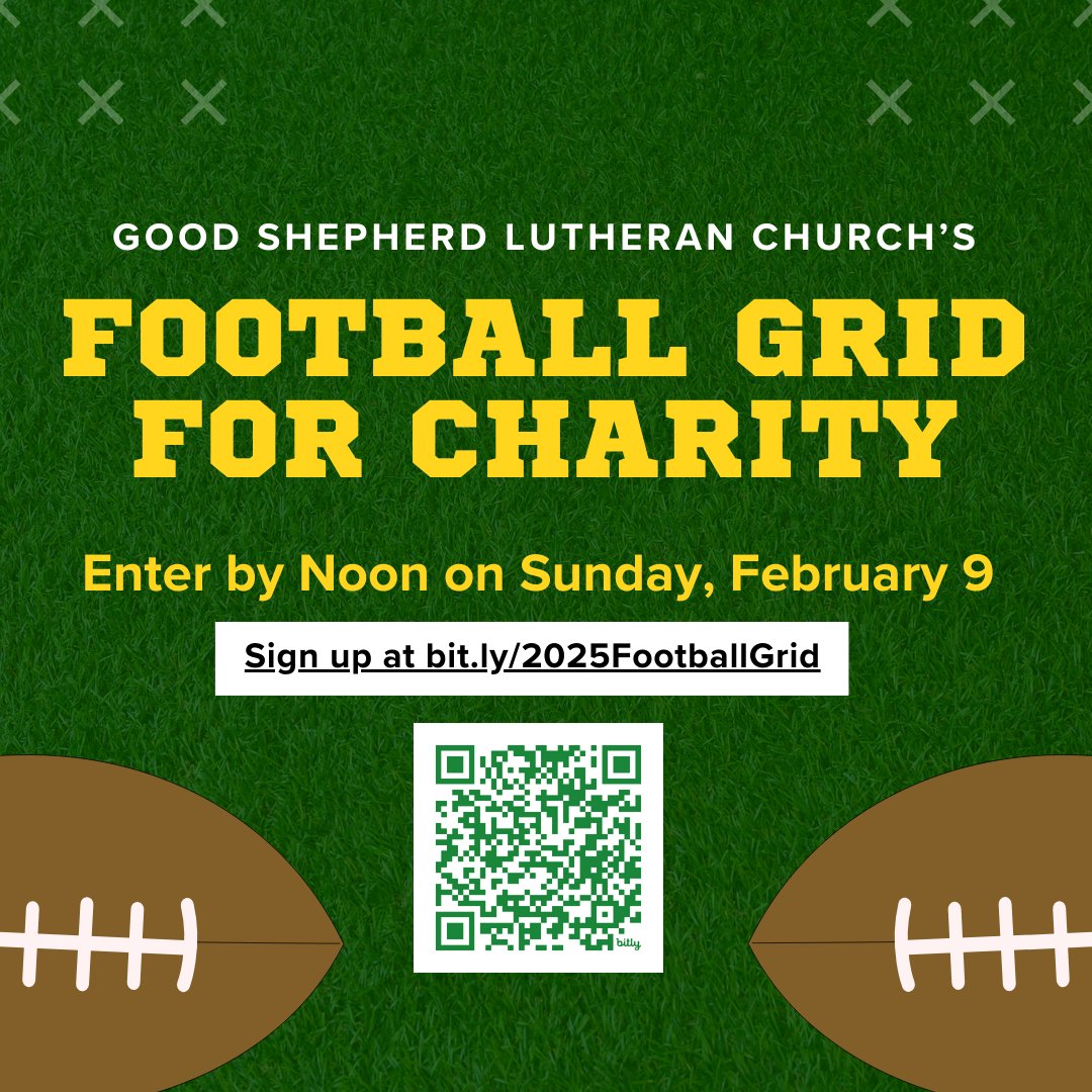 Join us for this year’s Football Grid for Charity! Buy your grid boxes for $5 each by 2/9 at 12 pm. Winners for each quarter select a nonprofit to receive a $250 donation.

Sign up in person this Sunday at church or online at bit.ly/SouperBowl2025. Touchdown!🙌